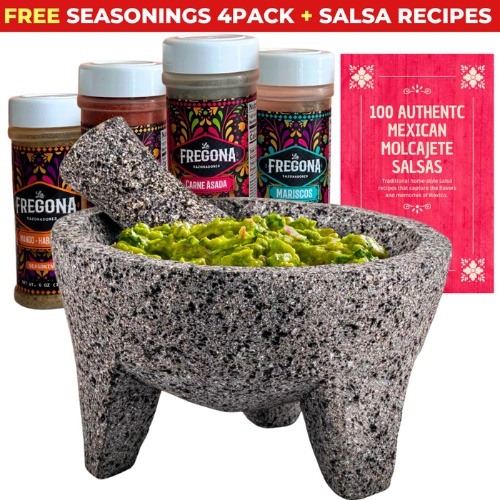 8" Authentic Lava Stone Mexican Molcajete + La Fregona Seasonings 4Pack (FREE)