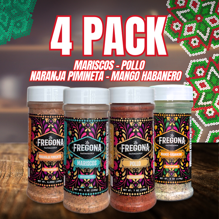 4 Bottle Pack | Mango-Habanero, Pollo, Mariscos & Naranja Pimienta Seasonings