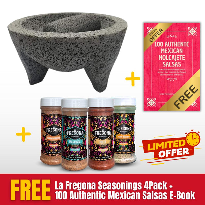 8" Authentic Lava Stone Mexican Molcajete + La Fregona Seasonings 4Pack (FREE)